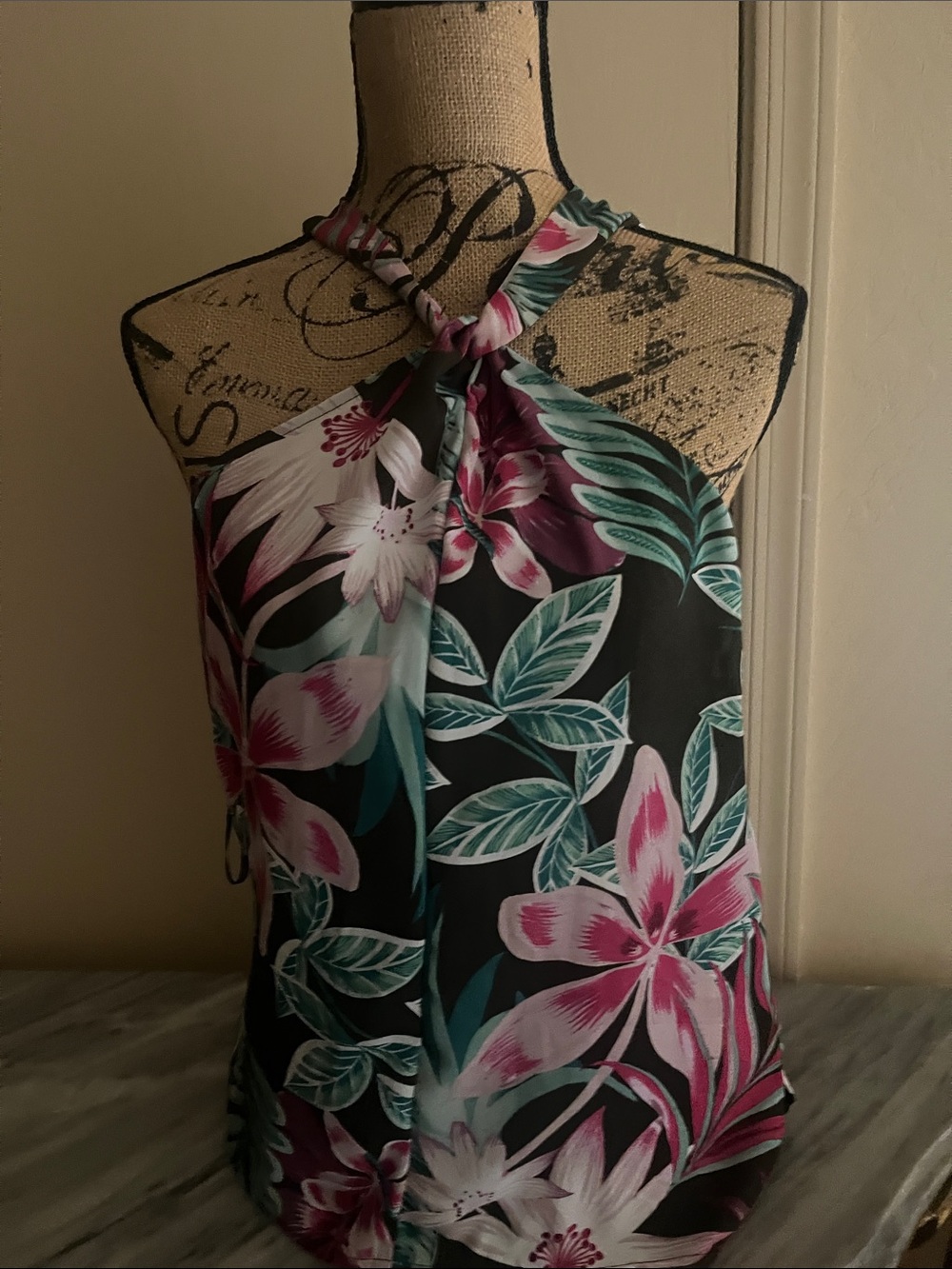 New York & Company Black Halter Camisole with Pink & Teal Floral Print